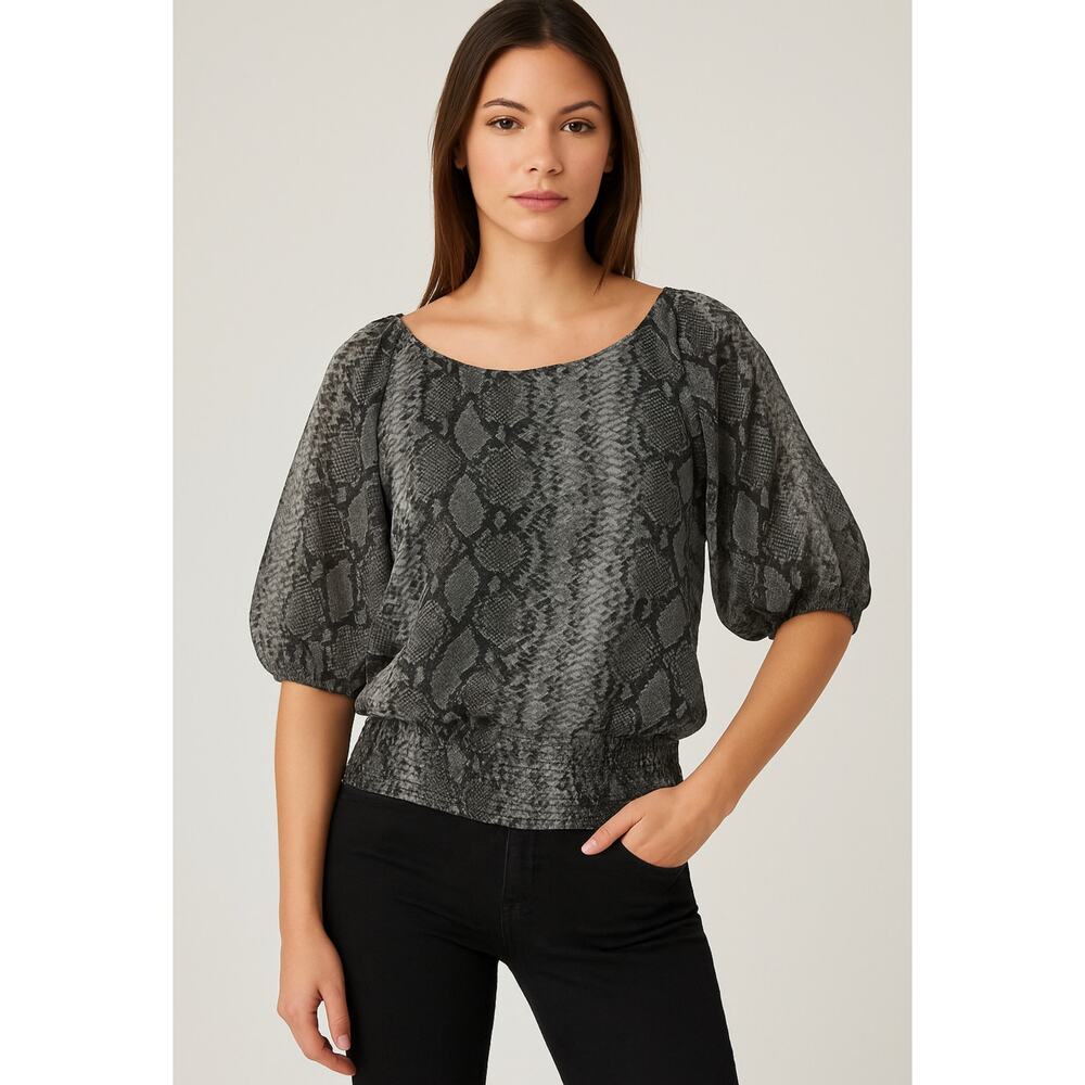2b bebe Snake Print Puff Sleeve Blouse Cropped Sheer Animal Print Top Large